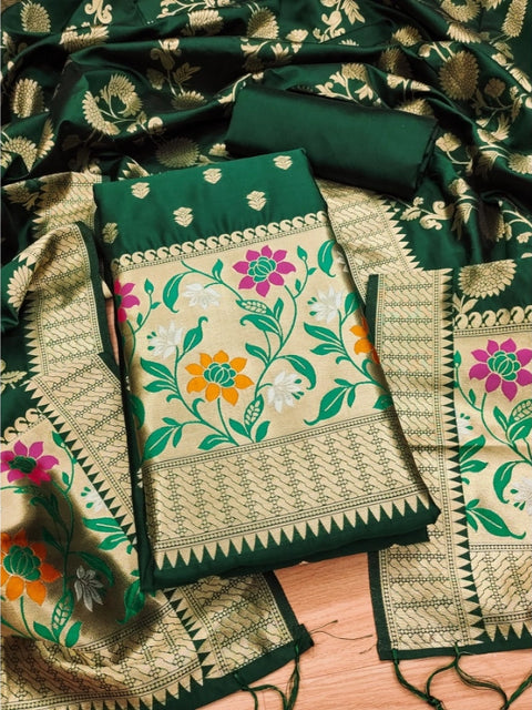 Generic Women's Banarasi Silk Printed Unstitched Salwar Suit Material With Dupatta (Green, 3Mtrs)