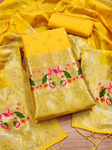 Generic Women's Banarasi Silk Printed Unstitched Salwar Suit Material With Dupatta (Yellow, 3Mtrs)