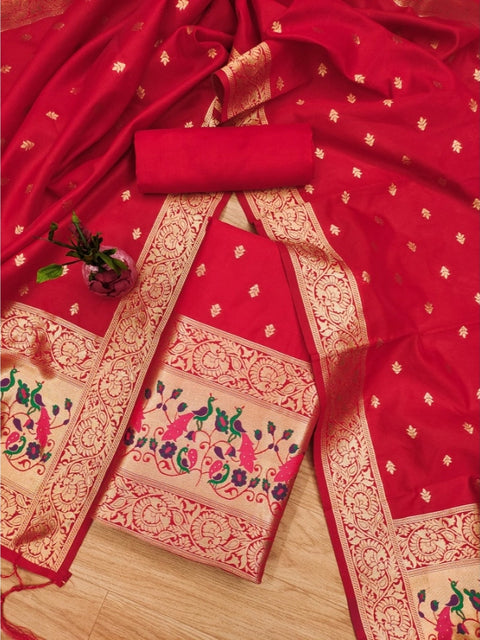 Generic Women's Banarasi Silk Printed Unstitched Salwar Suit Material With Dupatta (Red, 3Mtrs)