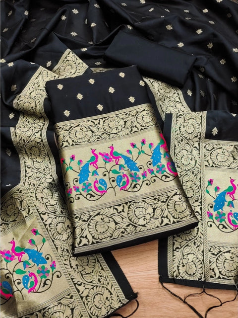 Generic Women's Banarasi Silk Printed Unstitched Salwar Suit Material With Dupatta (Black, 3Mtrs)