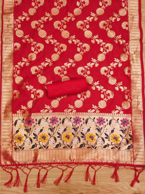 Generic Women's Banarasi Silk Printed Unstitched Salwar Suit Material With Dupatta (Red, 3Mtrs)
