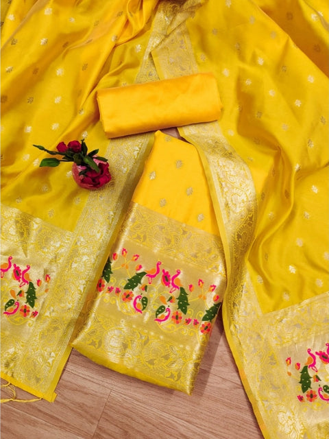 Generic Women's Banarasi Silk Printed Unstitched Salwar Suit Material With Dupatta (Yellow, 3Mtrs)