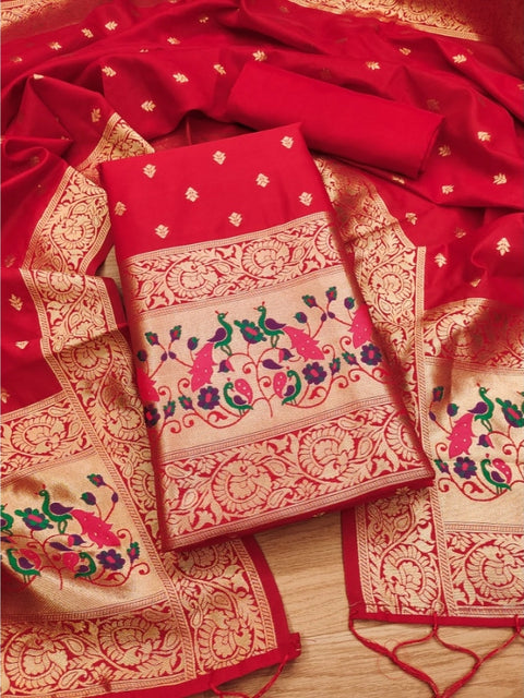 Generic Women's Banarasi Silk Printed Unstitched Salwar Suit Material With Dupatta (Red, 3Mtrs)