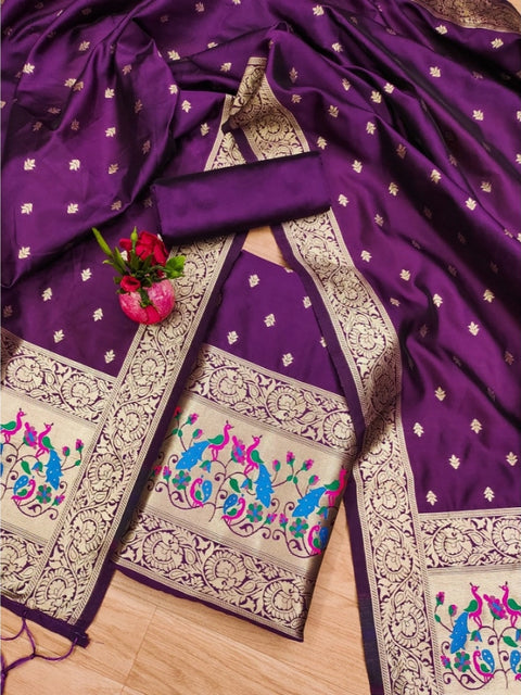 Generic Women's Banarasi Silk Printed Unstitched Salwar Suit Material With Dupatta (Purple, 3Mtrs)