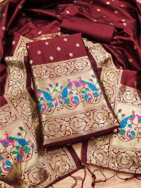 Generic Women's Banarasi Silk Printed Unstitched Salwar Suit Material With Dupatta (Maroon, 3Mtrs)