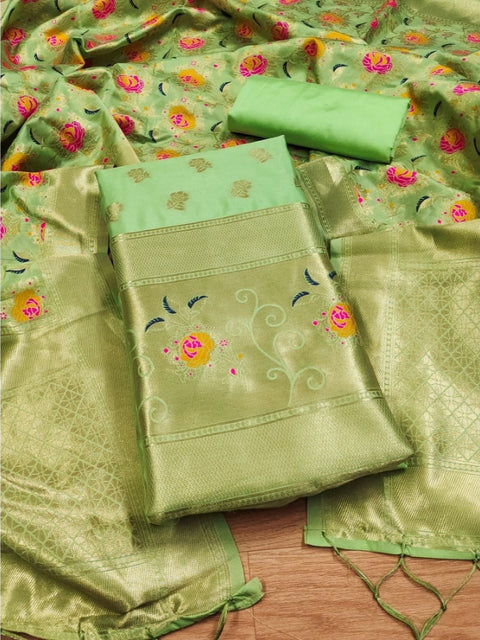 Generic Women's Banarasi Silk Printed Unstitched Salwar Suit Material With Dupatta (Pista, 3Mtrs)