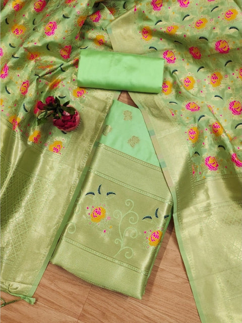 Generic Women's Banarasi Silk Printed Unstitched Salwar Suit Material With Dupatta (Pista, 3Mtrs)