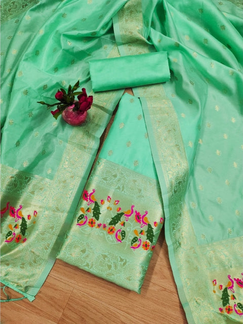 Generic Women's Banarasi Silk Printed Unstitched Salwar Suit Material With Dupatta (Seagreen, 3Mtrs)