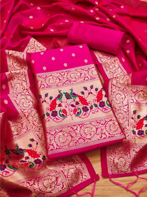 Generic Women's Banarasi Silk Printed Unstitched Salwar Suit Material With Dupatta (Pink, 3Mtrs)