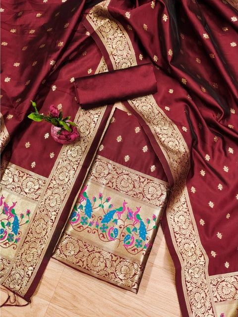 Generic Women's Banarasi Silk Printed Unstitched Salwar Suit Material With Dupatta (Maroon, 3Mtrs)