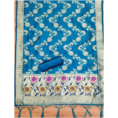 Generic Women's Banarasi Silk Printed Unstitched Salwar Suit Material With Dupatta (Blue, 3Mtrs)