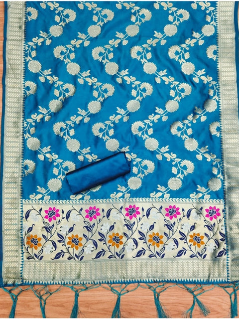 Generic Women's Banarasi Silk Printed Unstitched Salwar Suit Material With Dupatta (Blue, 3Mtrs)