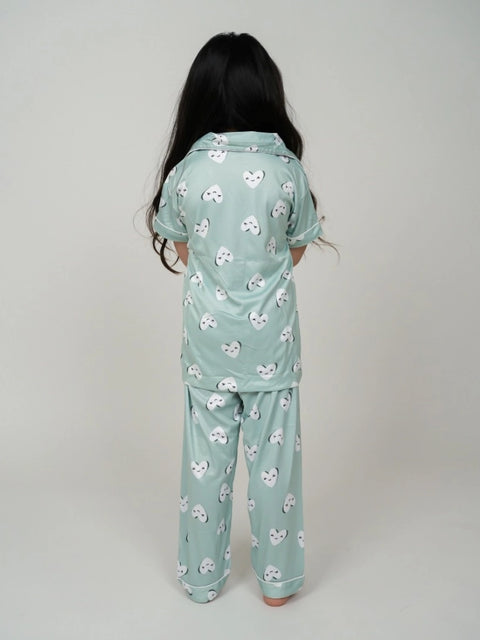 Generic Girl's Silk Bleand Printed Short Sleeve Night Suit Set (Light Green)