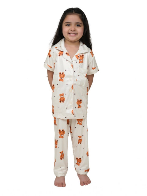 Generic Girl's Silk Bleand Printed Short Sleeve Night Suit Set (White)