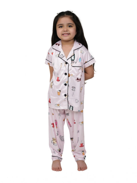 Generic Girl's Silk Bleand Printed Short Sleeve Night Suit Set (Light Pink)