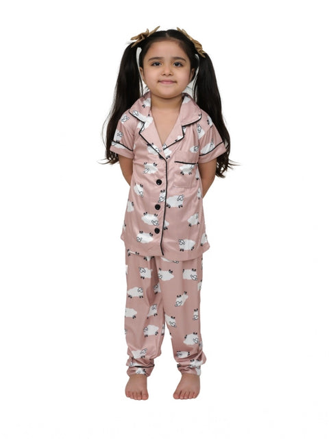 Generic Girl's Silk Bleand Printed Short Sleeve Night Suit Set (Brown)