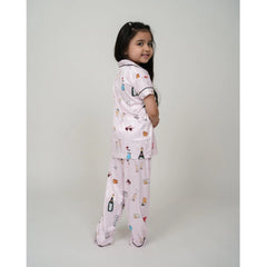 Generic Girl's Silk Bleand Printed Short Sleeve Night Suit Set (Light Pink)