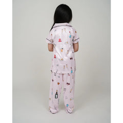 Generic Girl's Silk Bleand Printed Short Sleeve Night Suit Set (Light Pink)