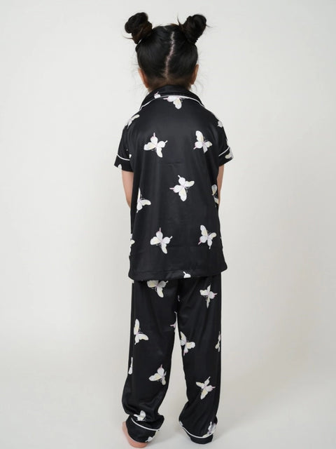 Generic Girl's Silk Bleand Printed Short Sleeve Night Suit Set (Black)