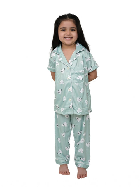 Generic Girl's Silk Bleand Printed Short Sleeve Night Suit Set (Light Green)