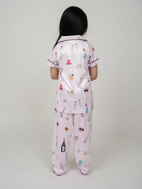Generic Girl's Silk Bleand Printed Short Sleeve Night Suit Set (Creem)