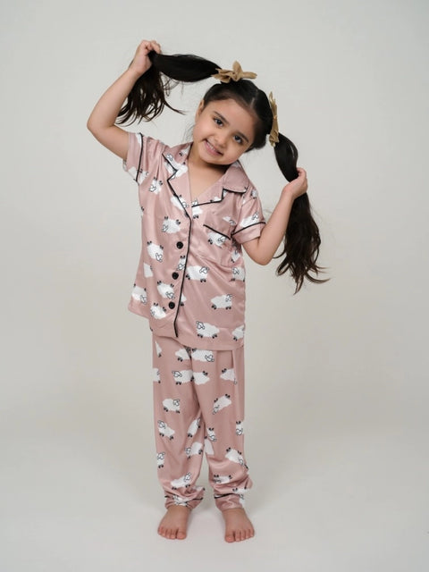Generic Girl's Silk Bleand Printed Short Sleeve Night Suit Set (Brown)