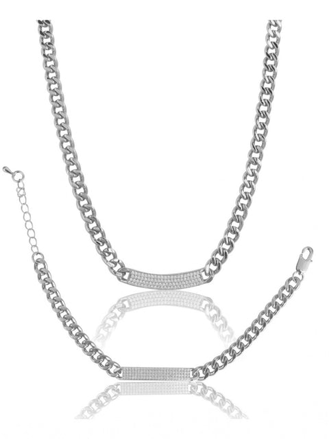 Women's Stainless Steel Silver Polish Hand Bracelet And Necklace (Silver Plated)