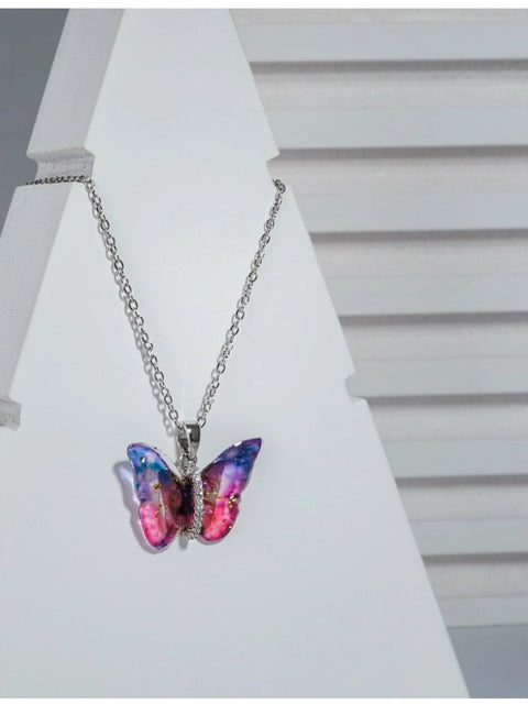 Women's Stainless Steel Colorful Butterfly Pendent Dailywear chain (Silver Plated)