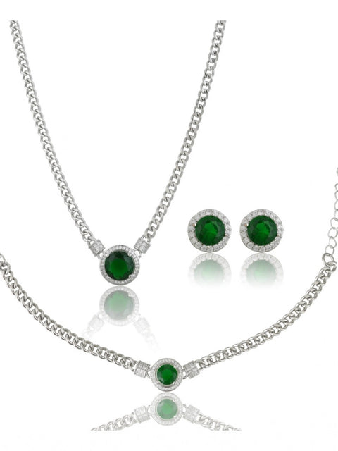 Women's Stainless Steel Green Color Silver Chain Western Combo Jewelry (Silver Plated)