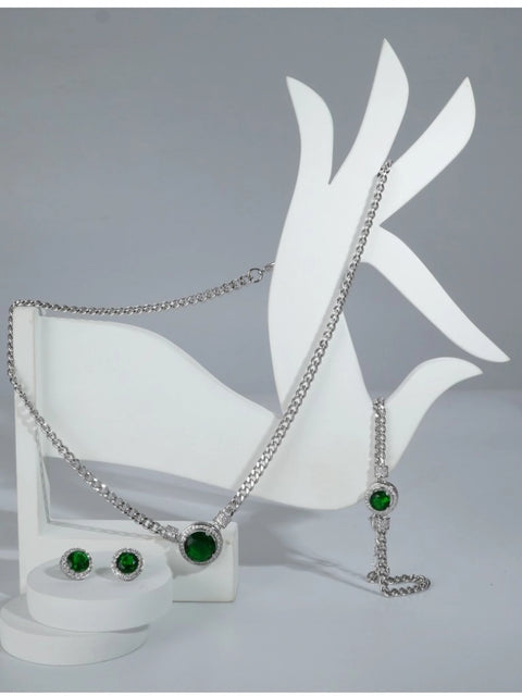 Women's Stainless Steel Green Color Silver Chain Western Combo Jewelry (Silver Plated)