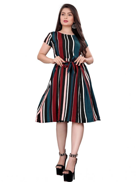 Generic Women's Crep Striped Short Sleeve Dress (Red-Blue )