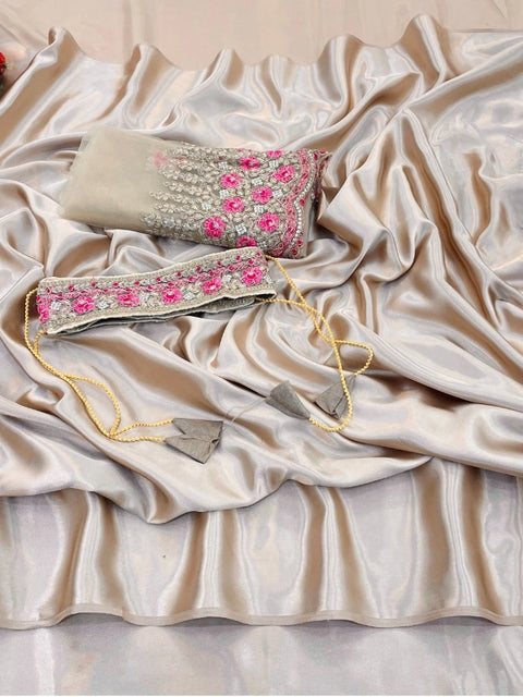 Women's Satin Solid Saree With Unstitched Blouse (Beige, 5-5 Mtrs)