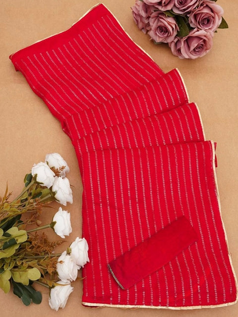 Women's Vichitra Silk Striped Saree With Unstitched Blouse 5.5Mtr (Red)