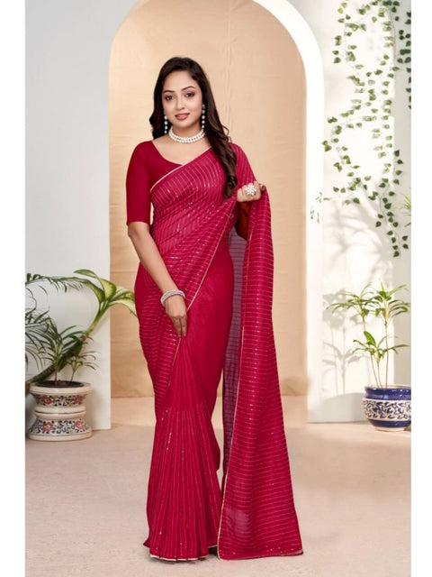 Women's Vichitra Silk Striped Saree With Unstitched Blouse 5.5Mtr (Pink)