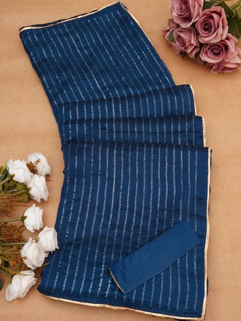 Women's Vichitra Silk Striped Saree With Unstitched Blouse 5.5Mtr (Blue)