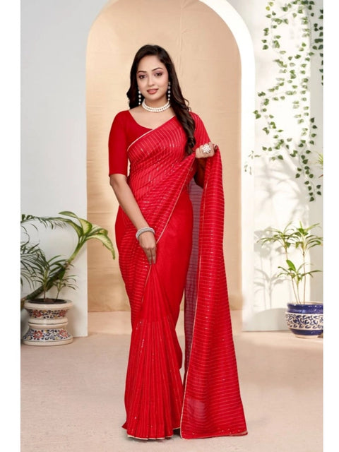 Women's Vichitra Silk Striped Saree With Unstitched Blouse 5.5Mtr (Red)