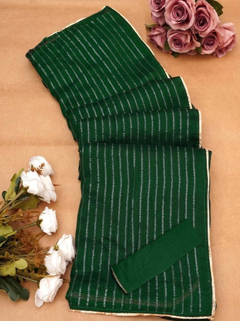 Women's Vichitra Silk Striped Saree With Unstitched Blouse 5.5Mtr (Green)