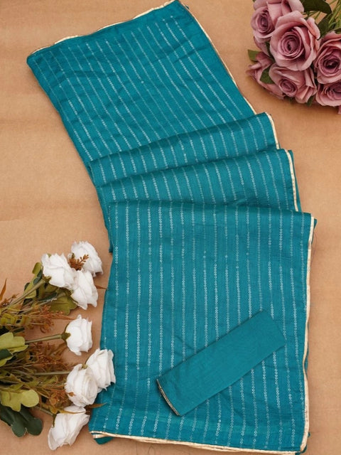 Women's Vichitra Silk Striped Saree With Unstitched Blouse 5.5Mtr (Sky Blue)