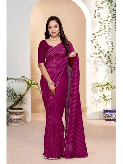 Women's Vichitra Silk Striped Saree With Unstitched Blouse 5.5Mtr (Purple)