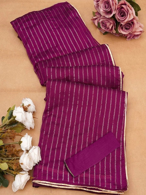 Women's Vichitra Silk Striped Saree With Unstitched Blouse 5.5Mtr (Purple)