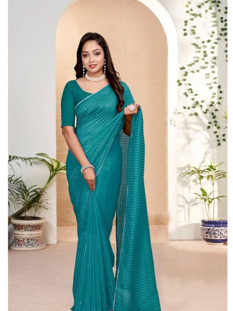 Women's Vichitra Silk Striped Saree With Unstitched Blouse 5.5Mtr (Sky Blue)