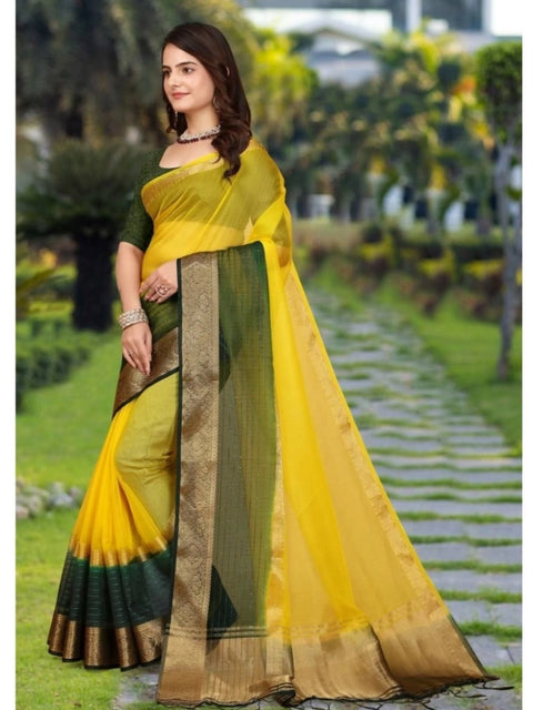 Women's Khadi Cotton  Solid Saree With Unstitched Blouse 5.5Mtr (Yellow)