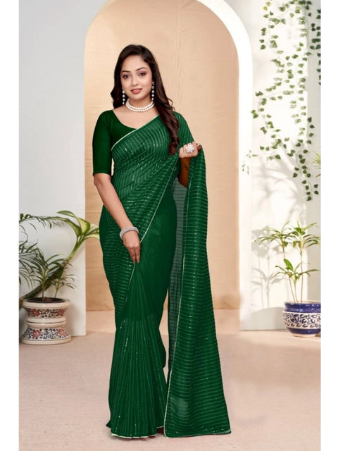Women's Vichitra Silk Striped Saree With Unstitched Blouse 5.5Mtr (Green)
