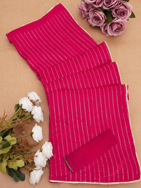 Women's Vichitra Silk Striped Saree With Unstitched Blouse 5.5Mtr (Pink)