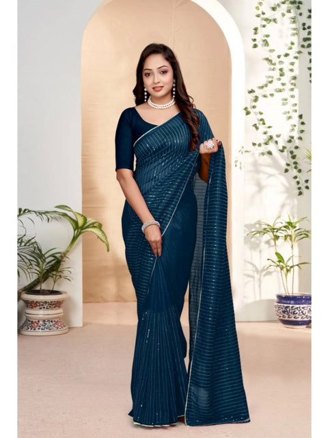 Women's Vichitra Silk Striped Saree With Unstitched Blouse 5.5Mtr (Blue)