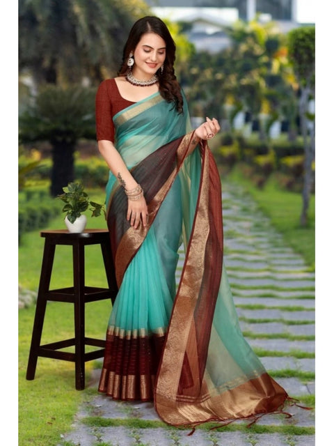 Women's Khadi Cotton  Solid Saree With Unstitched Blouse 5.5Mtr (Sky Blue)