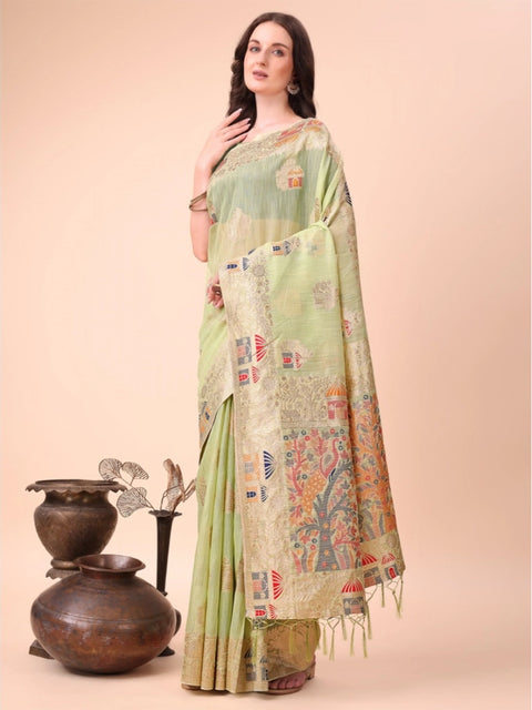 Women's Linen Cotton Printed Saree With Unstitched Blouse 5.5Mtr (Light Green)
