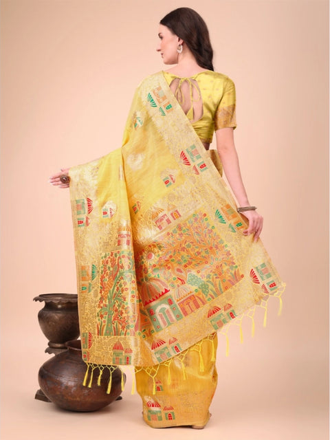 Women's Linen Cotton Printed Saree With Unstitched Blouse 5.5Mtr (Yellow)
