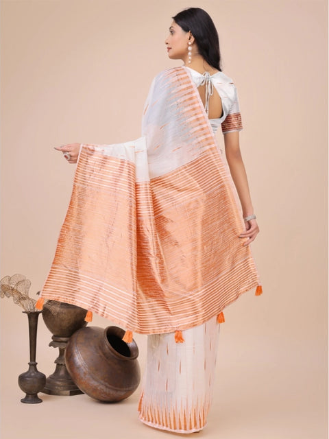 Women's Linen Cotton Printed Saree With Unstitched Blouse 5.5Mtr (White)