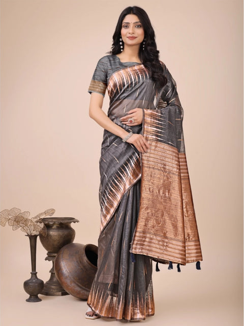 Women's Linen Cotton Printed Saree With Unstitched Blouse 5.5Mtr (Grey)